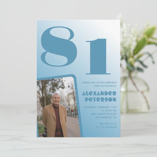 青色グラデーション 81歳の誕生日招待状 男性 写真 招待状 (スタンド正面)