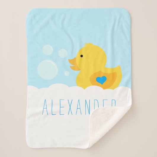 青色ダッキー(アヒルちゃん)付きゴムハート シェルパブランケット (正面)