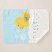 青色ダッキー(アヒルちゃん)付きゴムハート シェルパブランケット (正面(横))