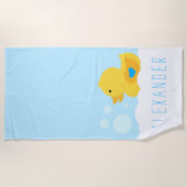 青色ダッキー（アヒルちゃん）付きゴムハート ビーチタオル (正面)