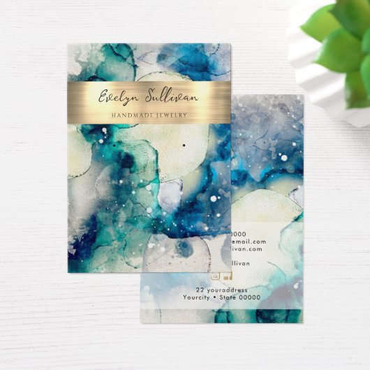青色ティール（緑がかった色）水彩ジュエリー表示カード (デスク)