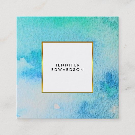 青色ティール（緑がかった色）水色（ばちゃばちゃ）跳ねるスプラッシュ金ゴールド エレガント スクエア名刺 (正面)