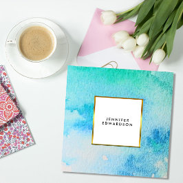 青色ティール（緑がかった色）水色（ばちゃばちゃ）跳ねるスプラッシュ金ゴールド エレガント スクエア名刺