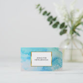 青色ティール(緑がかった色)水色(ばちゃばちゃ)跳ねるスプラッシュ金ゴールド エレガント 名刺 (スタンド正面)