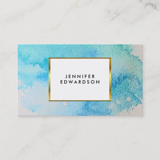 青色ティール(緑がかった色)水色(ばちゃばちゃ)跳ねるスプラッシュ金ゴールド エレガント 名刺 (正面)