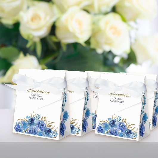 青色バラと金ゴールドリーフパーソナライズされたフローラ フェイバーボックス