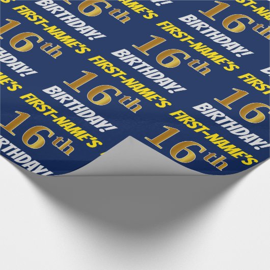 青色フェイク/模造金ゴールド「第16誕生日」 ラッピングペーパー (角)