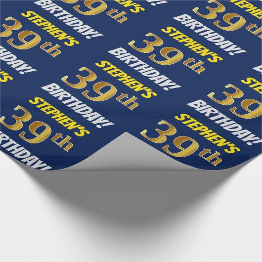 青色フェイク/模造金ゴールド「39誕生日」 ラッピングペーパー (角)