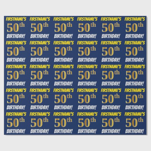 青色フェイク/模造金ゴールド「50誕生日」 ラッピングペーパー (フラット)