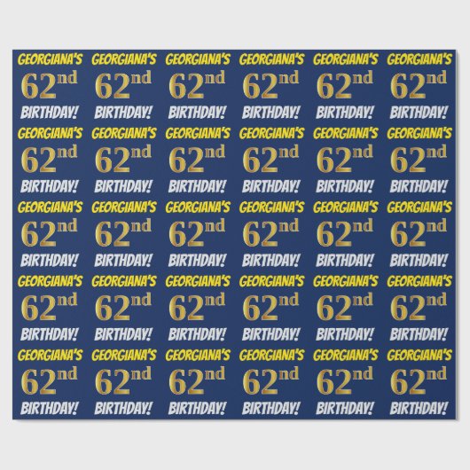 青色フェイク/模造金ゴールド「62番目誕生日」 ラッピングペーパー (フラット)