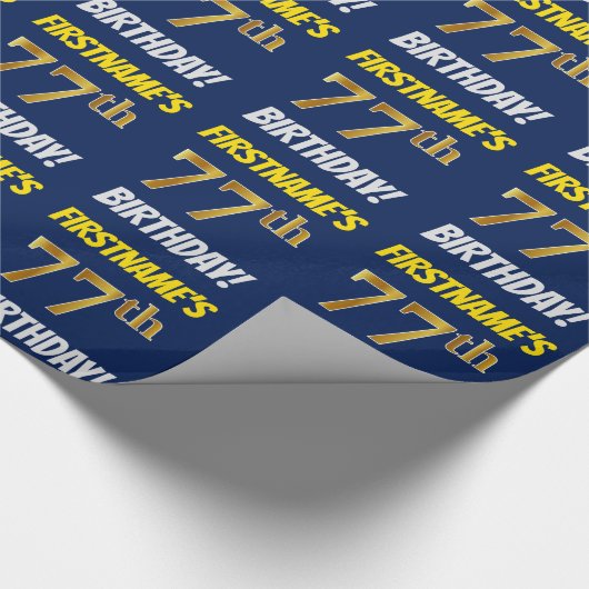 青色フェイク/模造金ゴールド「77誕生日」 ラッピングペーパー (角)