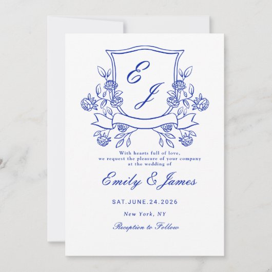 青色フローラクレストビクトリアン結婚式招待状 セーブザデート (正面)