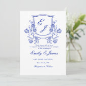 青色フローラクレストビクトリアン結婚式招待状 セーブザデート (スタンド正面)