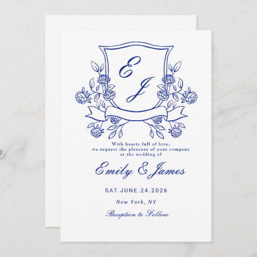 青色フローラクレストビクトリアン結婚式招待状 セーブザデート (正面/裏面)