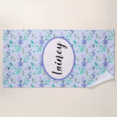 青色フローラ水彩ビーチタオル ビーチタオル (正面)