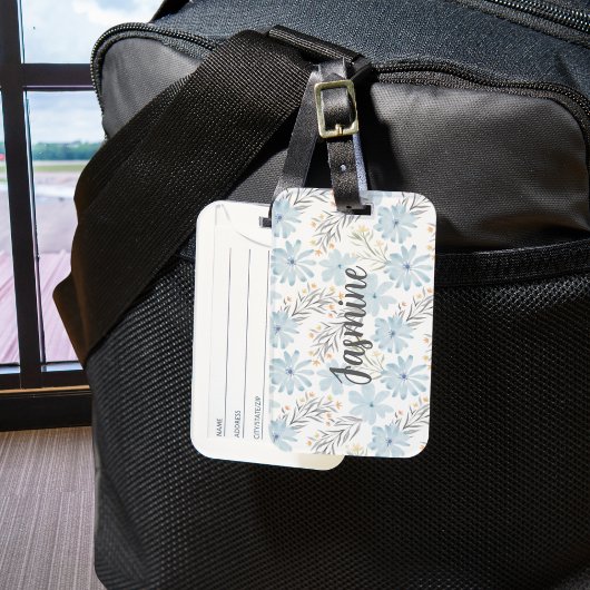 青色フローラ水彩模様モノグラカスタムム ラゲッジタグ