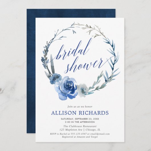 青色フローラ水色リースブライダルシャワー 招待状 (正面/裏面)