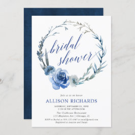 青色フローラ水色リースブライダルシャワー 招待状