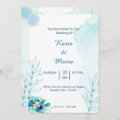 青色フローラ水色結婚式招待状カード 招待状 (正面/裏面)