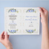 青色フローラ金ゴールドグリッターフレーム結婚式 プログラム チラシ (手)