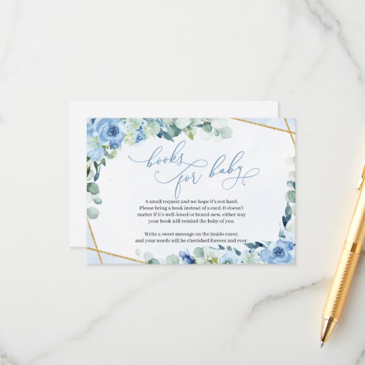 青色フローラ金ゴールド幾何学図書用ベビー エンクロージャーカード (正面/裏面インサイチュ)