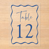 青色モダンの波型フレームアクリルテーブル番号 アクリル招待状 (正面)