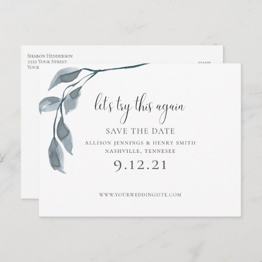 青色モダン結婚式の日付を変更する日付を保存 案内ポストカード (正面/裏面)