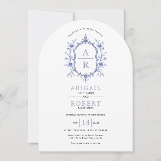 青色ヴィンテージフローラクレストモノグラム結婚の 招待状 (正面)