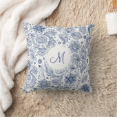 青色ヴィンテージ花柄モノグラム枕 クッション (ブランケット)