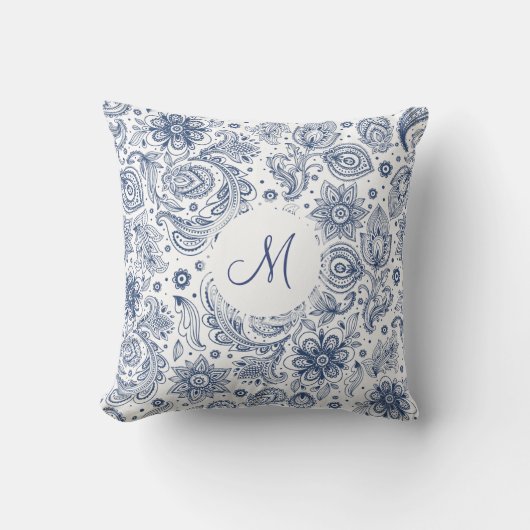 青色ヴィンテージ花柄モノグラム枕 クッション (正面)