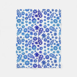 青色中国手描き花柄 フリースブランケット