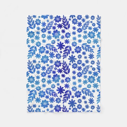 青色中国手描き花柄 フリースブランケット (正面)