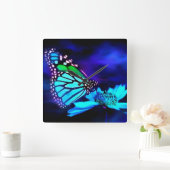 青色光の蝶 スクエア壁時計 (ホーム)