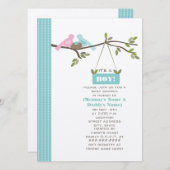 青色児のシャワーのお母さん及びお父さんの鳥及び巣 招待状 (正面/裏面)