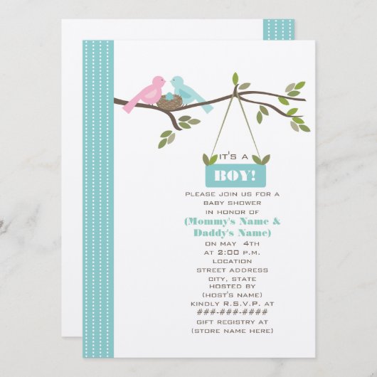 青色児のシャワーのお母さん及びお父さんの鳥及び巣 招待状 (正面/裏面)