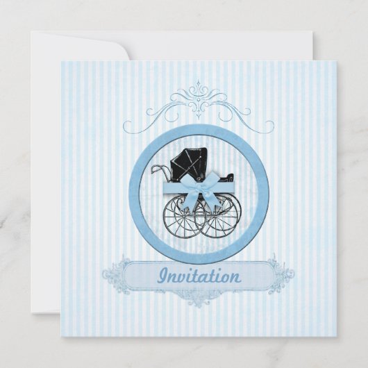 青色児のシャワーのぼろぼろのヴィンテージは縞で飾ります 招待状 (正面)