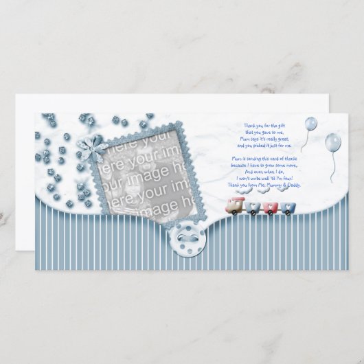 青色児のシャワーはベビーからの写真カード感謝していしています サンキューカード (正面/裏面)