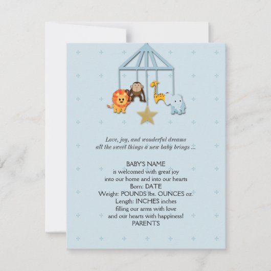 青色児の動物の移動式ベビーの発表 案内状 (正面)