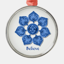 青色化粧布切り出し花 メタルオーナメント