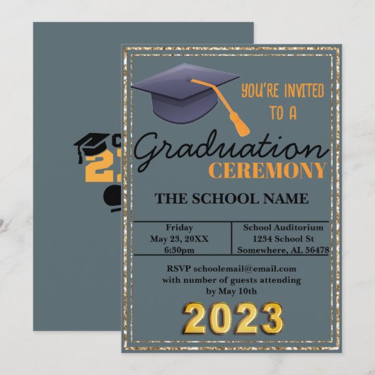 青色卒業キャップ 招待状 (正面/裏面)