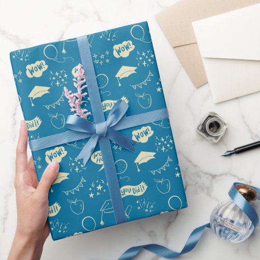 青色卒業手描き落書き模様 ラッピングペーパー (ギフト)