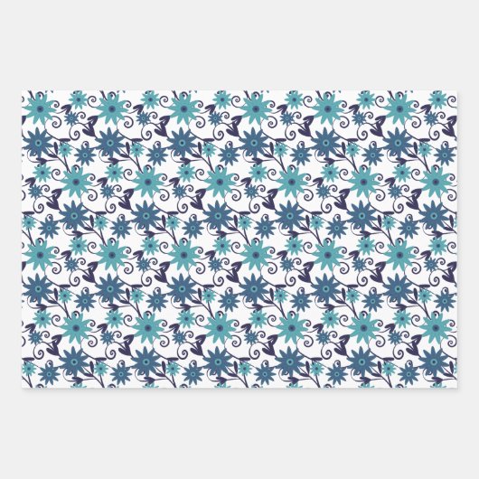 青色及びティール(緑がかった色)花柄 ラッピングペーパーシート (正面2)