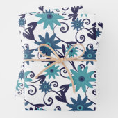 青色及びティール(緑がかった色)花柄 ラッピングペーパーシート (インサイチュ)