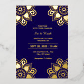 青色及び金ゴールド結婚箔招待状 箔招待状 (正面)