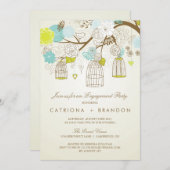 青色及び黄色の鳥類婚約パーティ招待状 招待状 (正面/裏面)