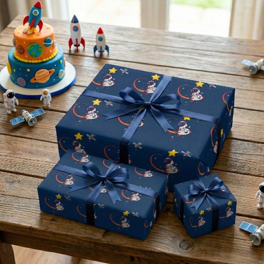 青色宇宙飛行士ロケット包み紙 ラッピングペーパー