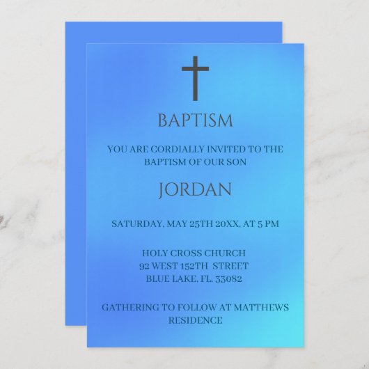 青色宗教十字洗礼伝統的法 招待状 (正面/裏面)