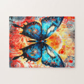 青色彩の鮮やかい蝶とギア背景。 ジグソーパズル (横)