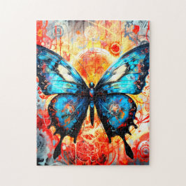 青色彩の鮮やかい蝶とギア背景。 ジグソーパズル