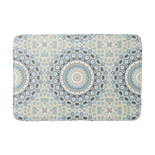 青色彩の鮮やかとベージュのメダリオン模様 バスマット (正面)